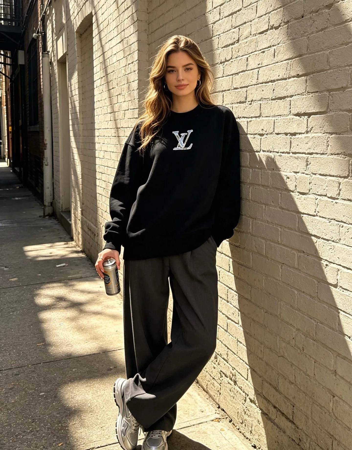 Louis Vuitton/Louis Vuitton denim patch letter embroidered crew neck sweatshirt